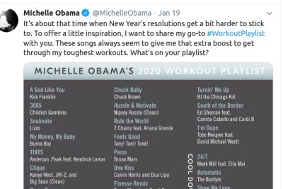 Michelle Obama's 2020 workout playlist features Burna Boy, Lizzo, Cardi B and more (screenshot).