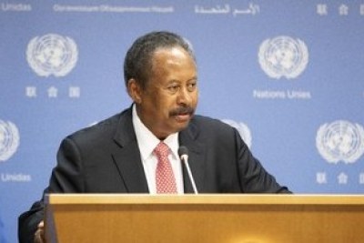 Abdalla Hamdok, Prime Minister of the Republic of the Sudan, briefs reporters following a UN high-level meeting on his country on September 27, 2019.