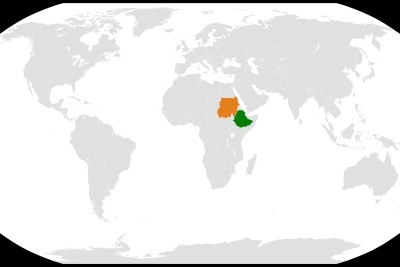 A map showing the location of Ethiopia (in green) and Sudan (orange).
