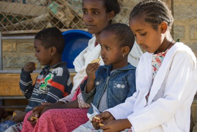 A family displaced from Tigray's western zone who received emergency nutrition from Unicef.