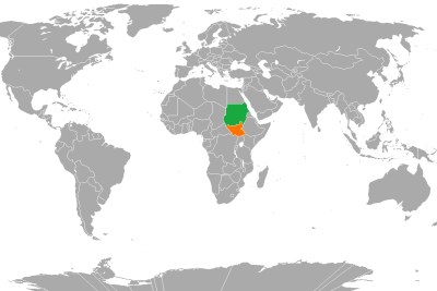 Une carte montrant l'emplacement du Soudan (vert) et du Soudan du Sud (orange).