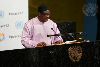 Adama Barrow, President of the Republic of Gambia, addresses a high-level United Nations General Assembly plenary meeting on peacebuilding and sustaining peace in 2018.