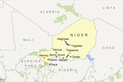 Map of Niger, featuring the cities of Niamey, Zinder, Maradi, Agadez, Alaghsas, Tahoua, Dosso, Birnin Konni, Tessaoua, and Gaya.