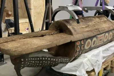 The Djidji ayôkwé, or talking drum has been restored in a workshop in Paris by experts from Musée du Quai Branly. It will soon be returned to its home in Côte d'Ivoire. December, 2022.