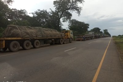 Trucks transporting copper in a kilometres-long line at the border of the Democratic Republic of Congo and Zambia.