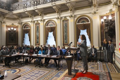 Vice President Kamala Harris delivers remarks at the swearing-in ceremony for the President’s Advisory Council on African Diaspora Engagement at the White House October 30, 2023.